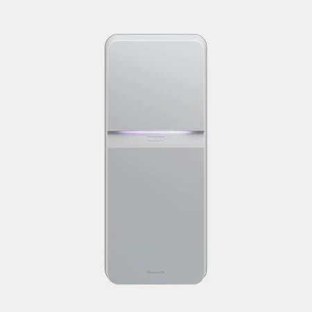Minimalist air purifier stands against a plain background, showcasing its sleek, rectangular design with rounded edges and two-tone grey color.