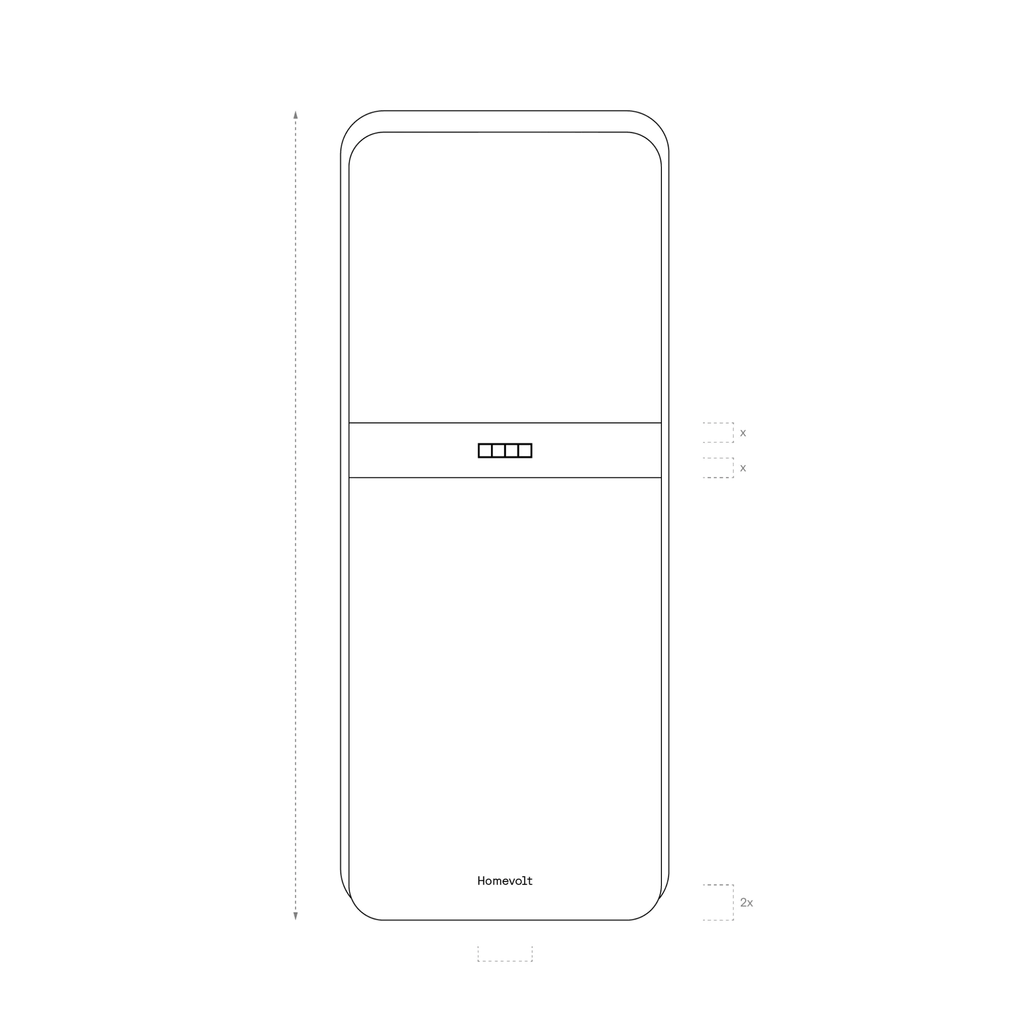 Illustration of a white rectangular device with rounded corners. The device has a horizontal band with four square elements. 'Homevolt' text visible.