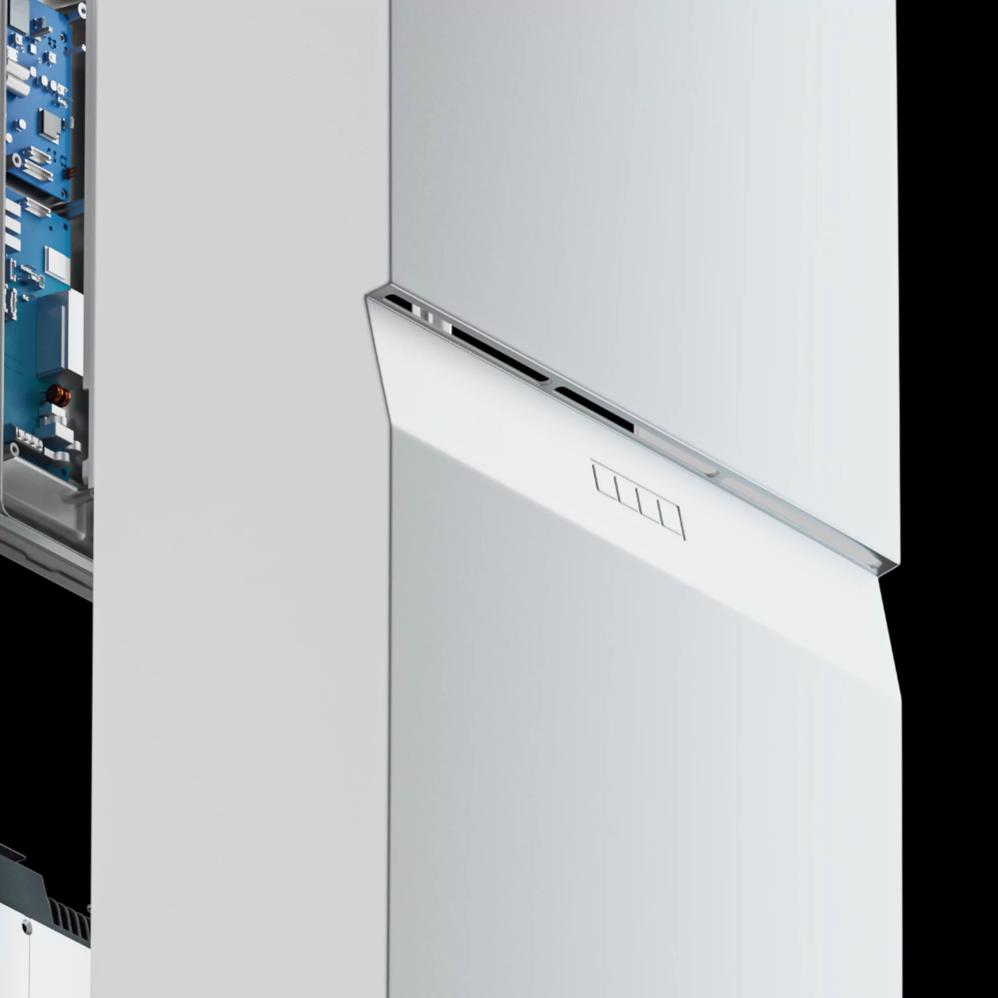 Close-up studio shot of a clean, modern white appliance with geometric design elements against a stark black background.