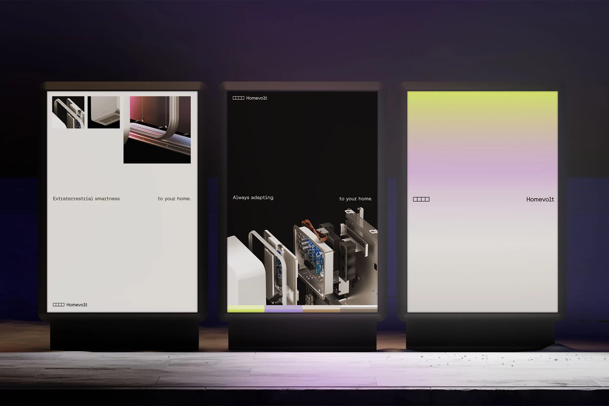 Three illuminated displays feature Homevolt branding. One displays internal components, and another has a color gradient and brand text.