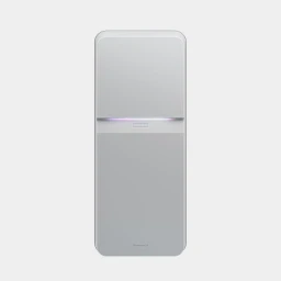 Sleek light grey Homevolt home battery device mounted vertically against a plain white background with subtle purple accent lighting.