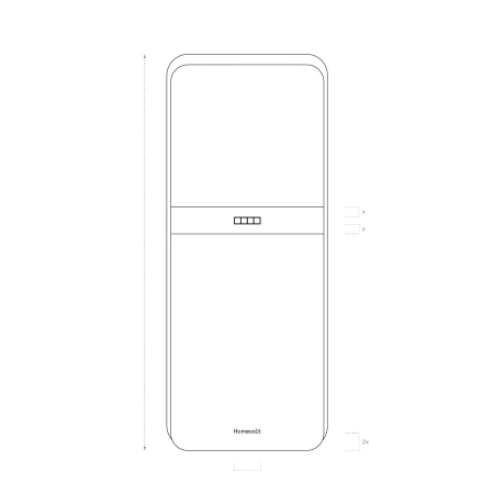 Minimalist black and white line drawing of a rectangular Homevolt device with dimension indicators and branding.