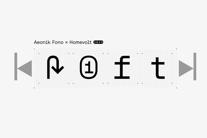 Monochrome graphic design showing typographic letterforms with grid lines and arrow indicators on a pale background.