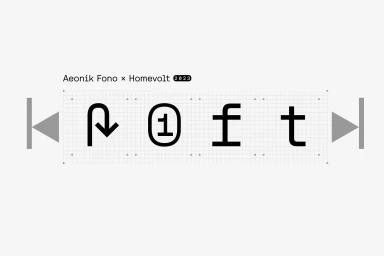 Monochrome graphic design showing typographic letterforms with grid lines and arrow indicators on a pale background.