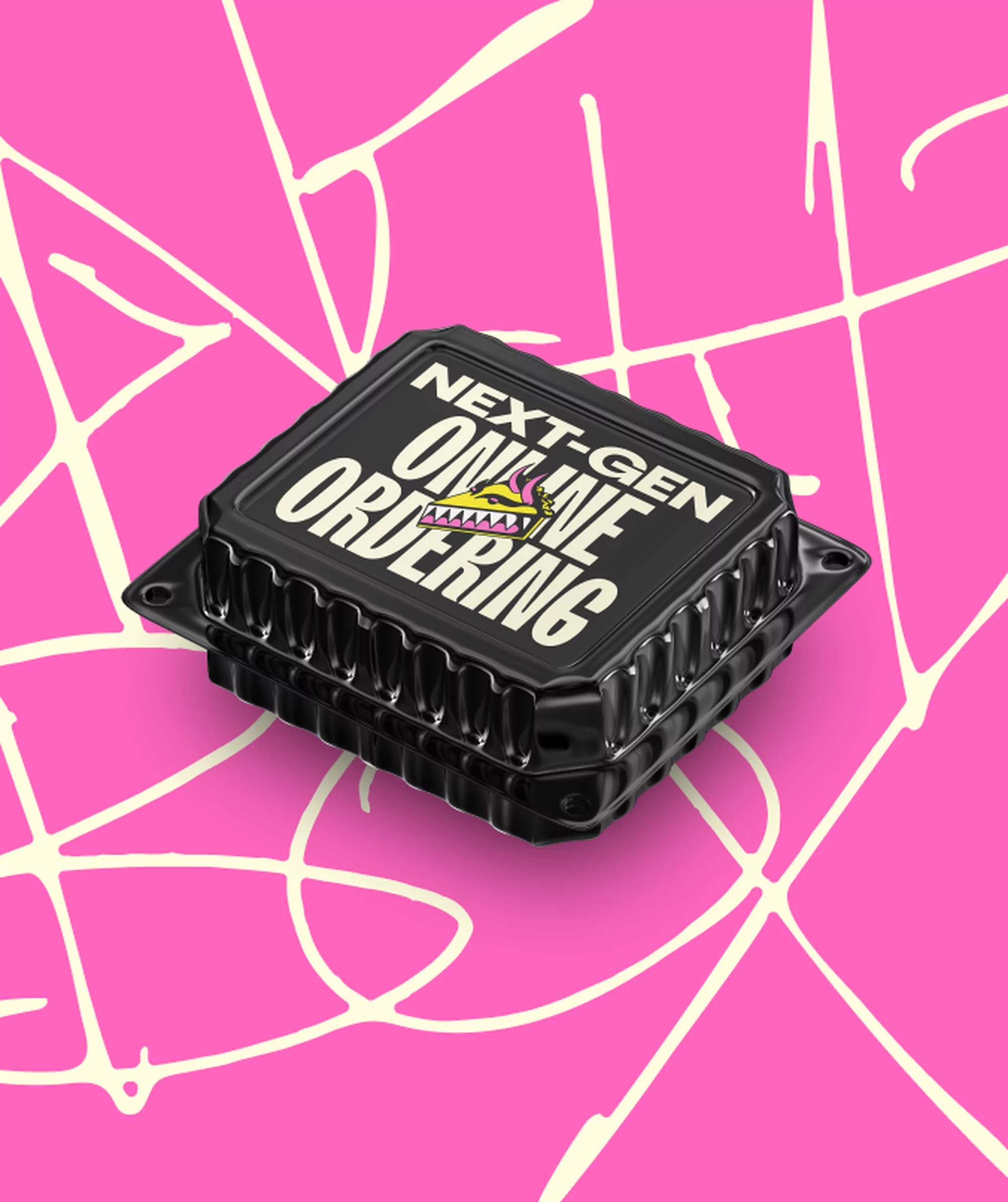 Black plastic food container with 'Next-Gen Online Ordering' text, against a pink background with cream-colored line art.