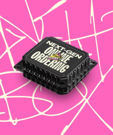 Black plastic food container with 'Next-Gen Online Ordering' text, against a pink background with cream-colored line art.