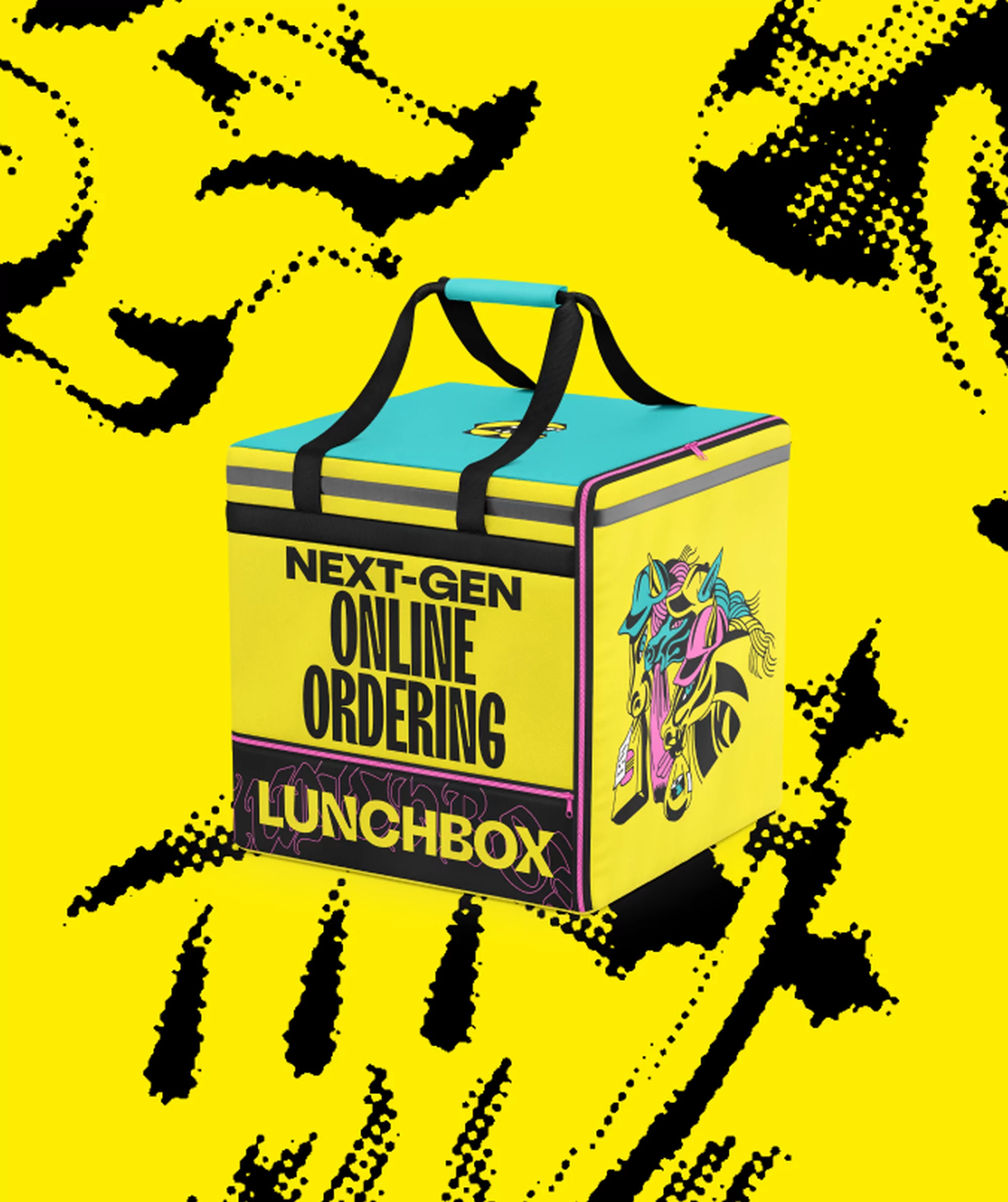 Bright yellow insulated food delivery bag with 'Next-Gen Online Ordering Lunchbox' branding against a yellow and black patterned backdrop.