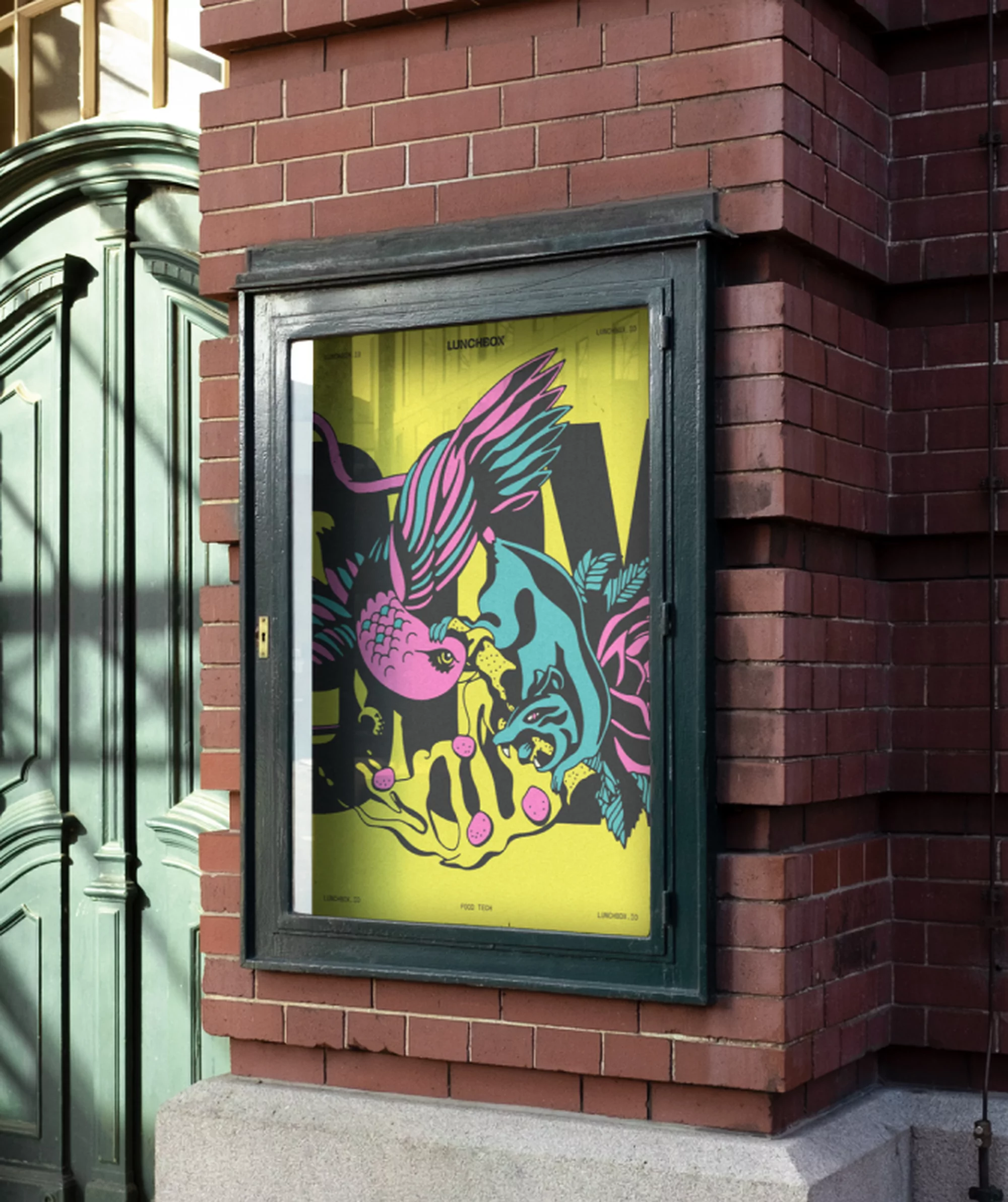 A vibrantly illustrated advertisement encased in a black-framed display case, mounted on a red brick wall, next to a green door.
