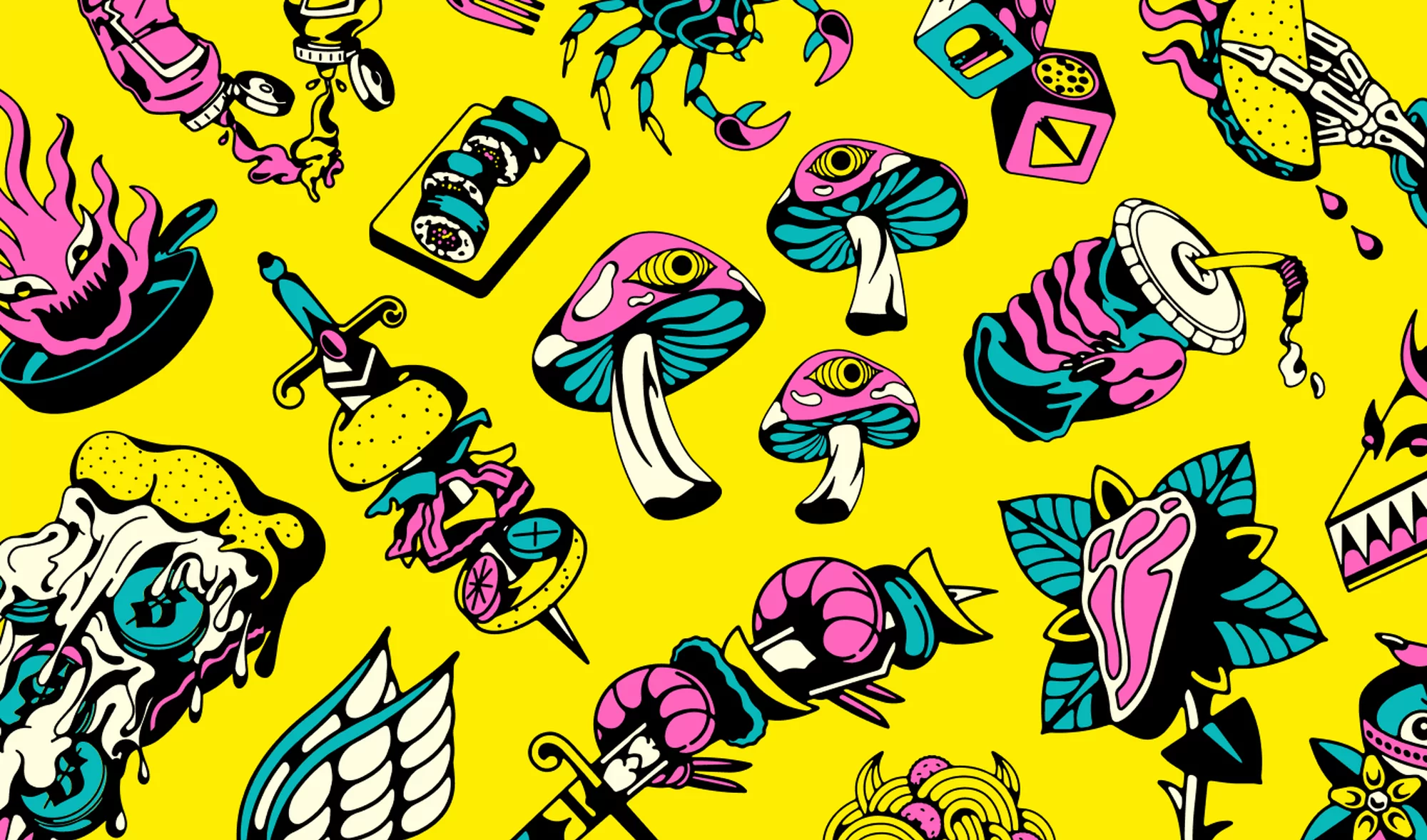 Whimsical food art pattern featuring pizza, sushi, mushrooms, burgers, fries, and beverages against a bright yellow background.