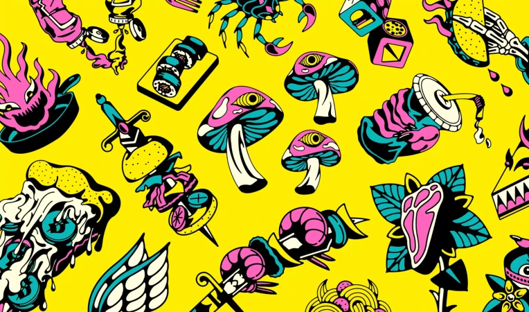 Whimsical food art pattern featuring pizza, sushi, mushrooms, burgers, fries, and beverages against a bright yellow background.