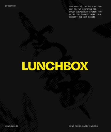 Promotional graphic for Lunchbox, a digital ordering and guest engagement platform, featuring a black background with yellow text and halftone patterns.