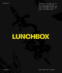 Bold yellow Lunchbox typography and descriptive text set against a dark textured halftone pattern background.