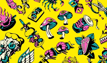 Vibrant yellow illustration pattern featuring eclectic vector stickers of food, mushrooms, and surreal objects with black outlines.