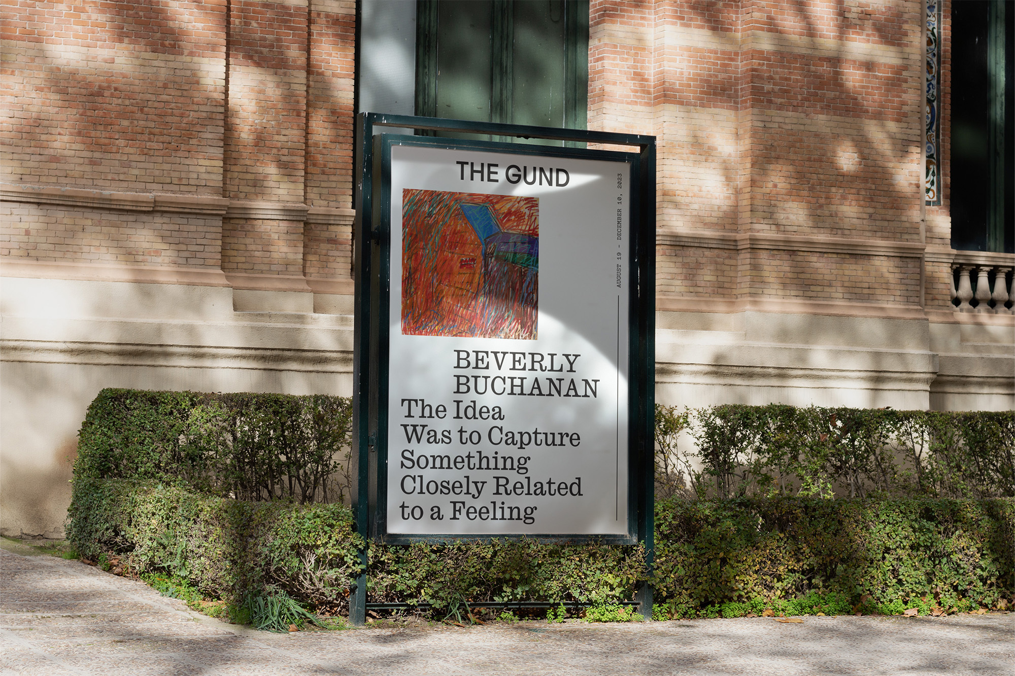 Outdoor view of an art exhibit sign featuring a drawing and text, advertising the Beverly Buchanan exhibition, 'The Idea Was to Capture.'