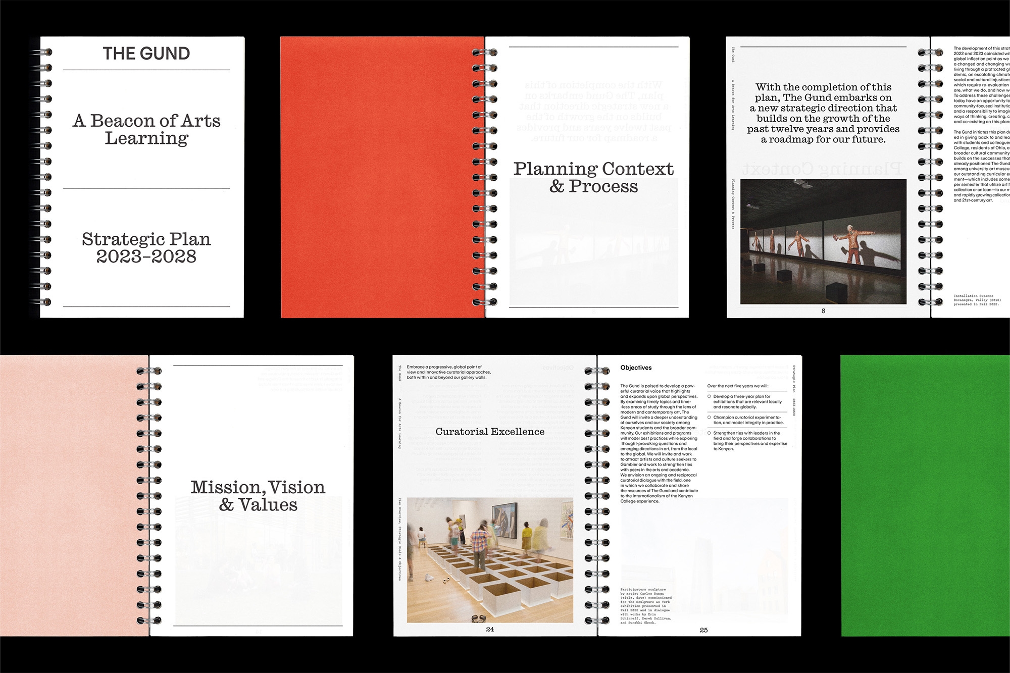 The Gund strategic plan presentation showing booklet with text like 'A beacon of Arts Learning', spiral binding, and plan details.