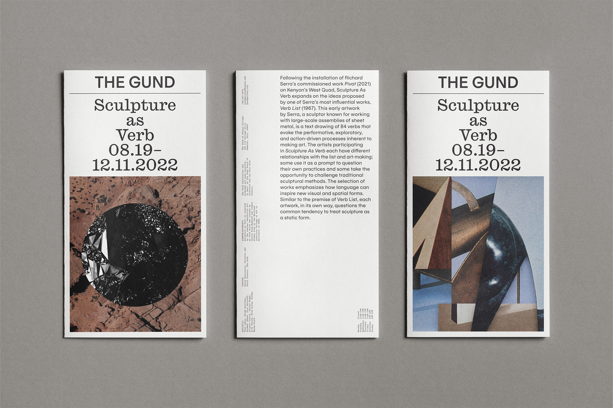 Three art exhibition pamphlets on gray backdrop display abstract art and event dates: The Gund, Sculpture as Verb, 08.19-12.11.2022.