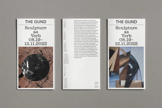 Three art exhibition pamphlets on gray backdrop display abstract art and event dates: The Gund, Sculpture as Verb, 08.19-12.11.2022.