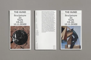 Three vertical folded print brochures for The Gund featuring minimalist typography and sculptural art images on a grey background.