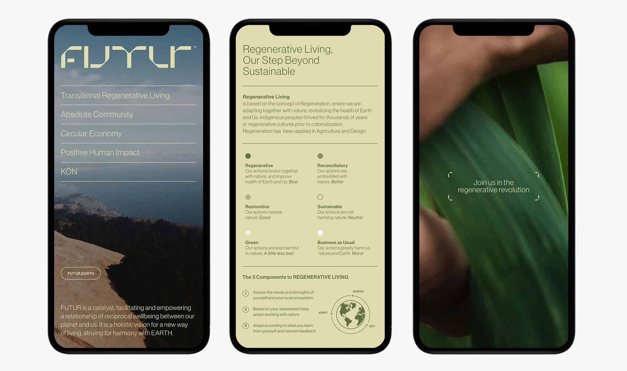 Three smartphone screens display website content about regenerative living with text and nature photography, emphasizing sustainability.