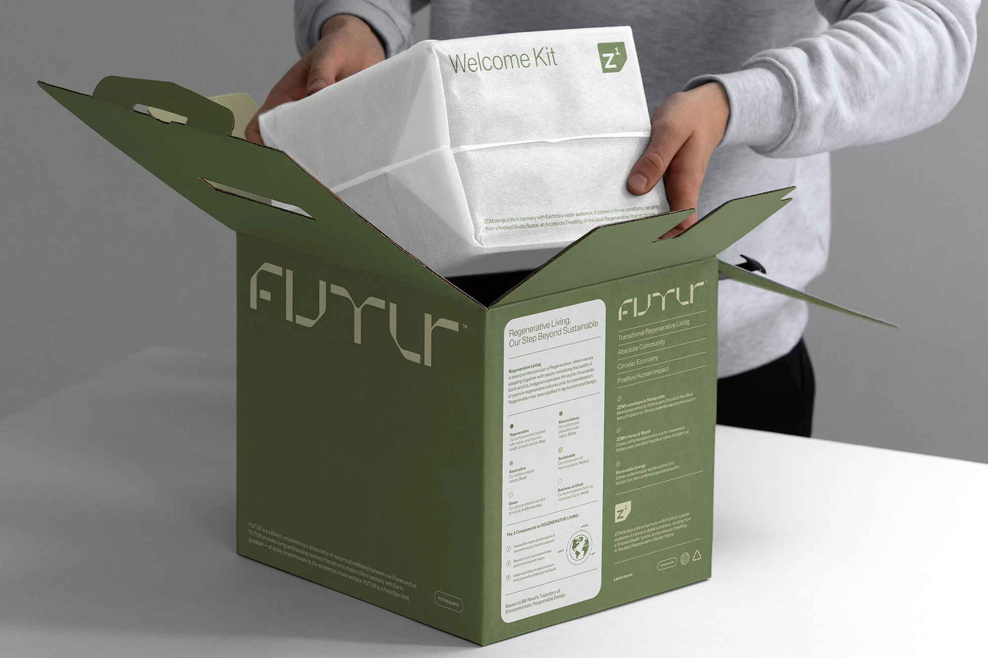 Person placing a white Welcome Kit box into a branded olive green shipping box with logos and sustainability messaging in a neutral studio.