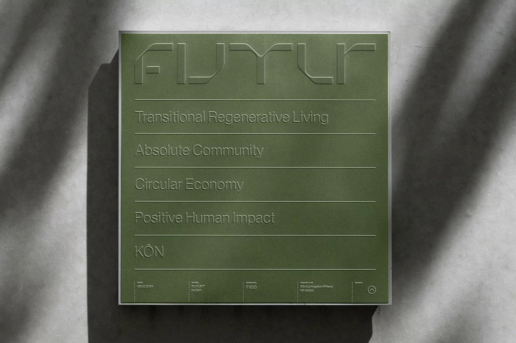 Green sign displaying 'FUTUR' with various sustainable living concepts, set against a neutral background with subtle shadow overlay.