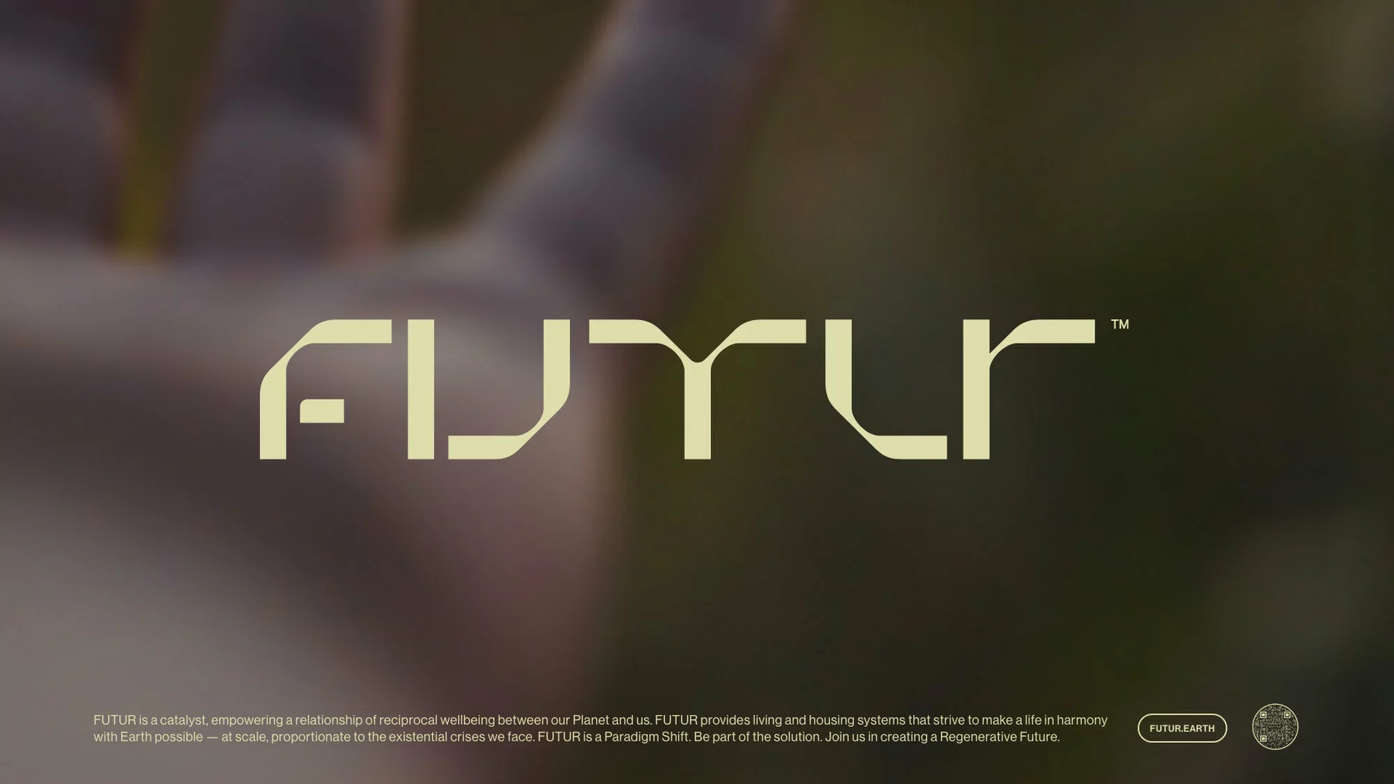 Abstract graphic design featuring the word 'FUTUR' in a stylized font, with a blurred hand and text about future and sustainability.