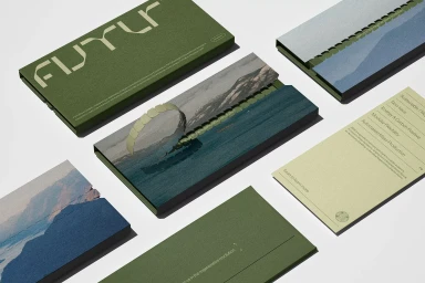 Green branded packaging and collateral materials for FUTUR arranged on a white background, featuring typographic and landscape graphics.