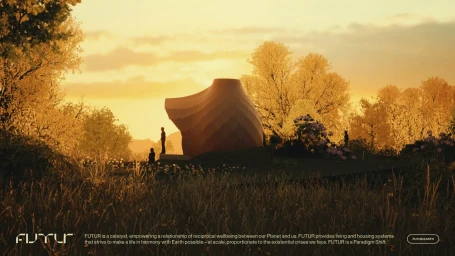 An organic sculptural structure standing in a grassy meadow under a golden sunset sky for FUTUR brand identity.