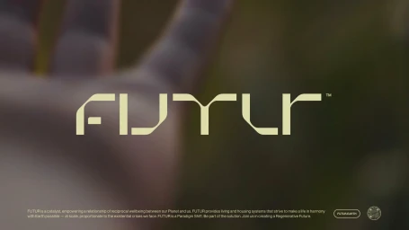 FUTUR brand identity logo displayed centrally over a blurred background with a hand silhouette and descriptive text at the bottom.