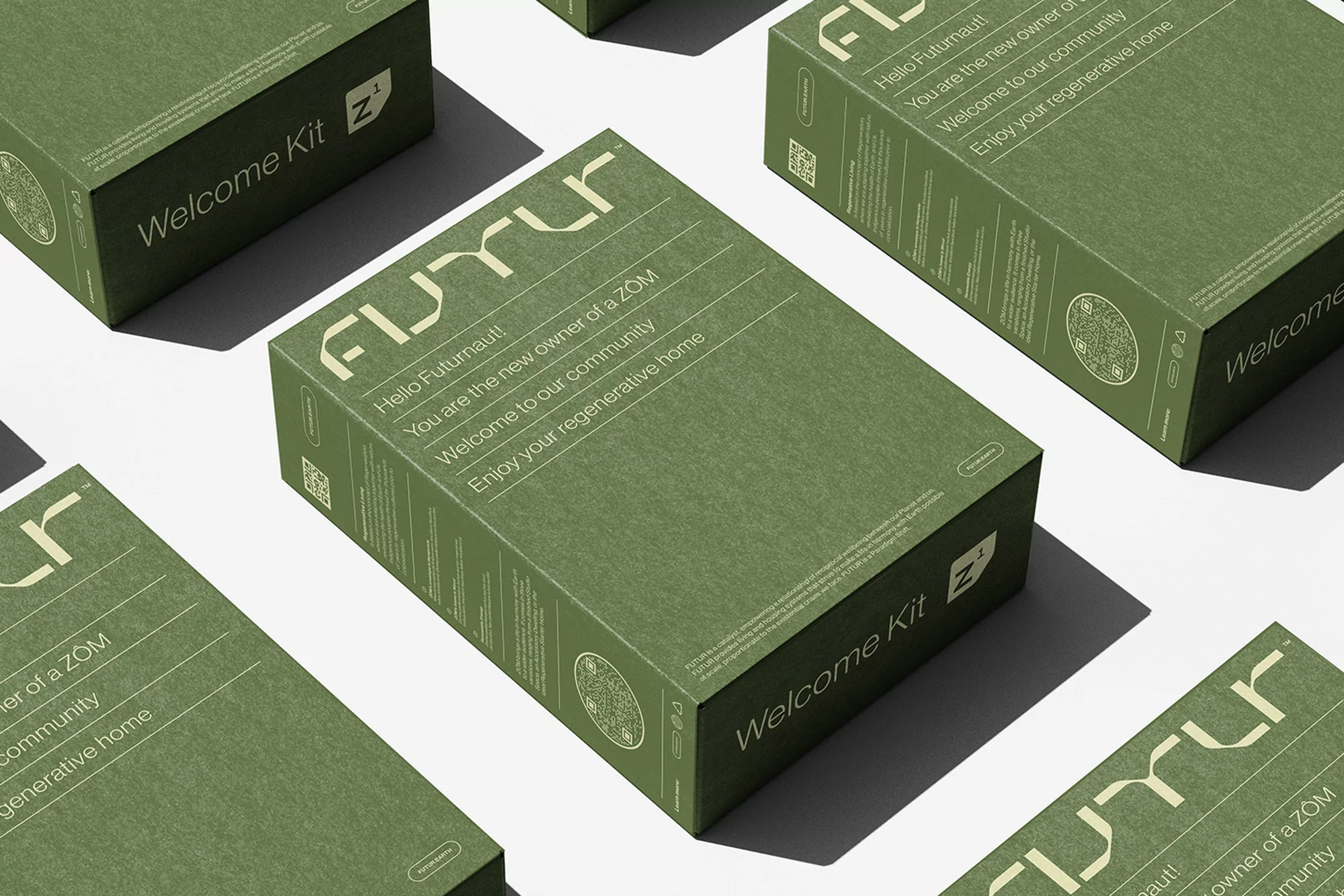 Multiple green branded packaging boxes labeled Welcome Kit and FUTUR arranged on a white background