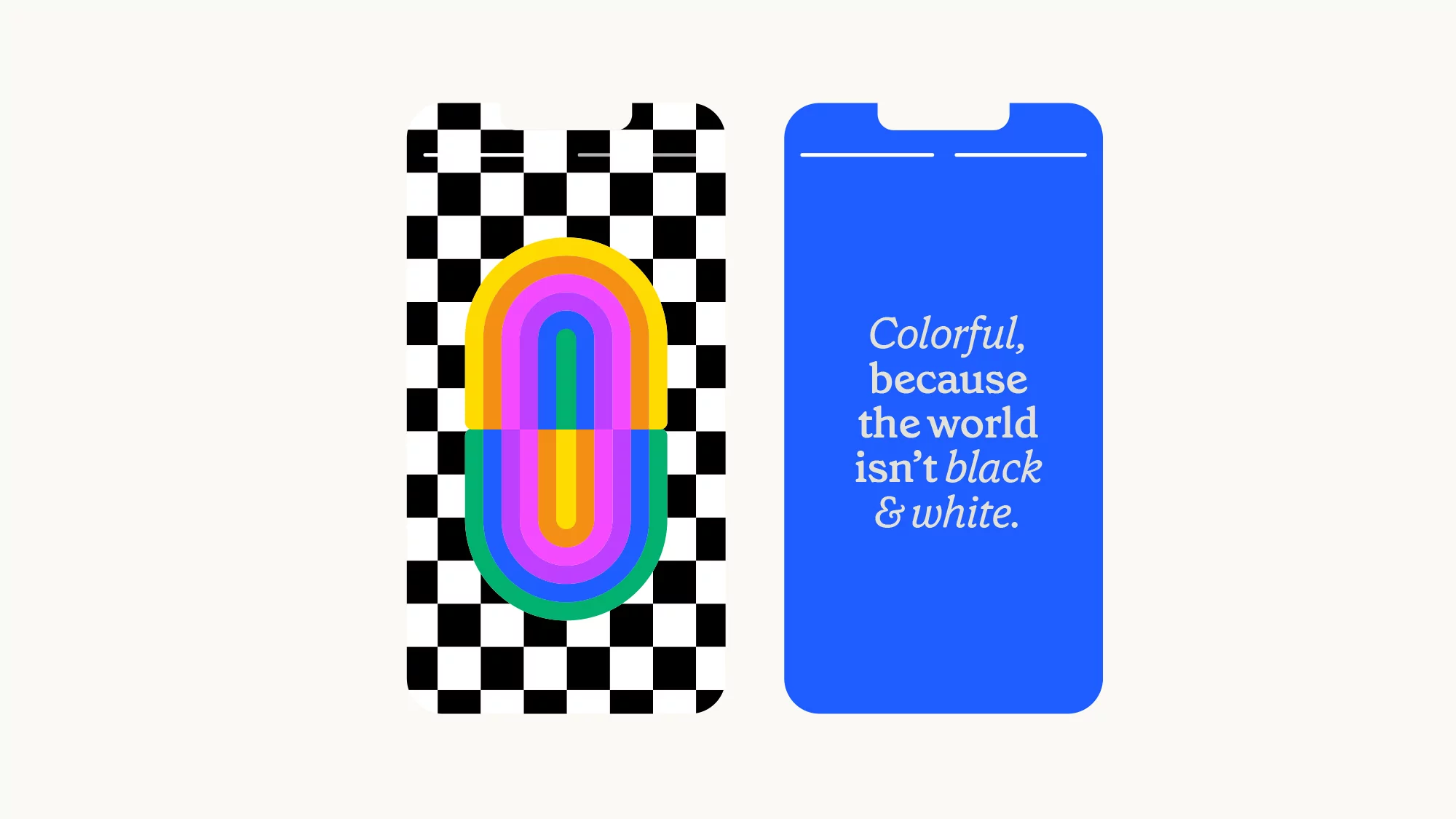Graphic art featuring checkerboard and colorful arch designs, with text on a vibrant blue background, evoking a modern, playful aesthetic.
