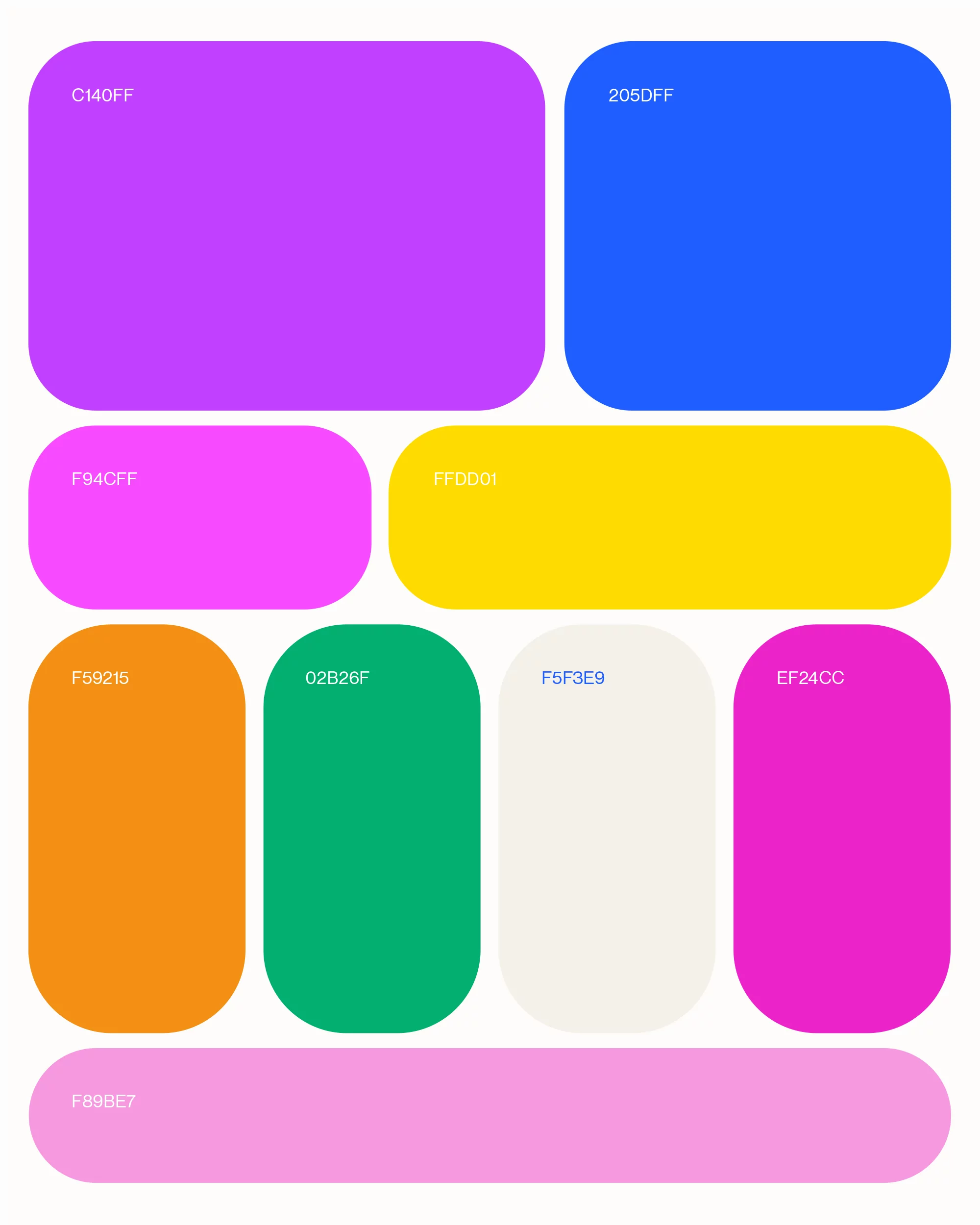 Colourful swatches display vibrant hues. A variety of pink, purple, blue, yellow, orange, green, and white tones are arranged in an abstract layout.