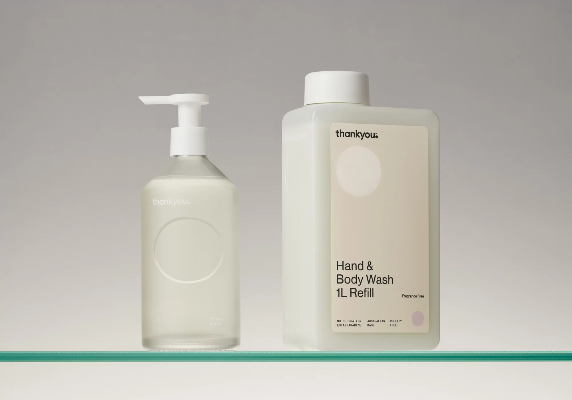 Two 'Thankyou' brand bottles of hand and body wash with a refill, conveying a message of hygiene and personal care.