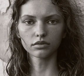 Close-up portrait of a young woman with wet curly hair and natural skin posing against a textured wall.