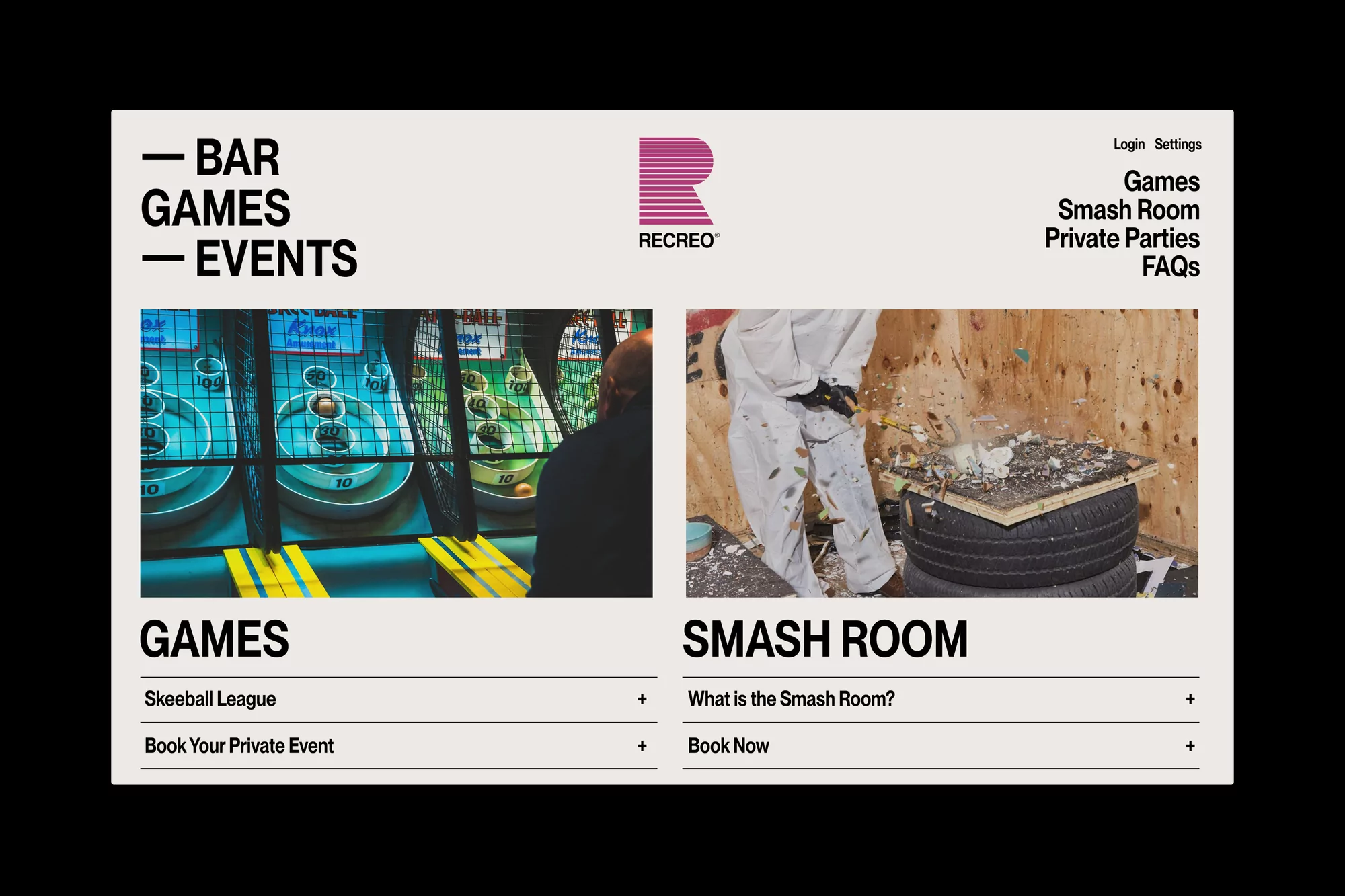 Website promoting Recreo games and a smash room with skeeball game and person wearing protective gear smashing items indoors.