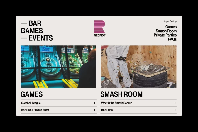 Website promoting Recreo games and a smash room with skeeball game and person wearing protective gear smashing items indoors.