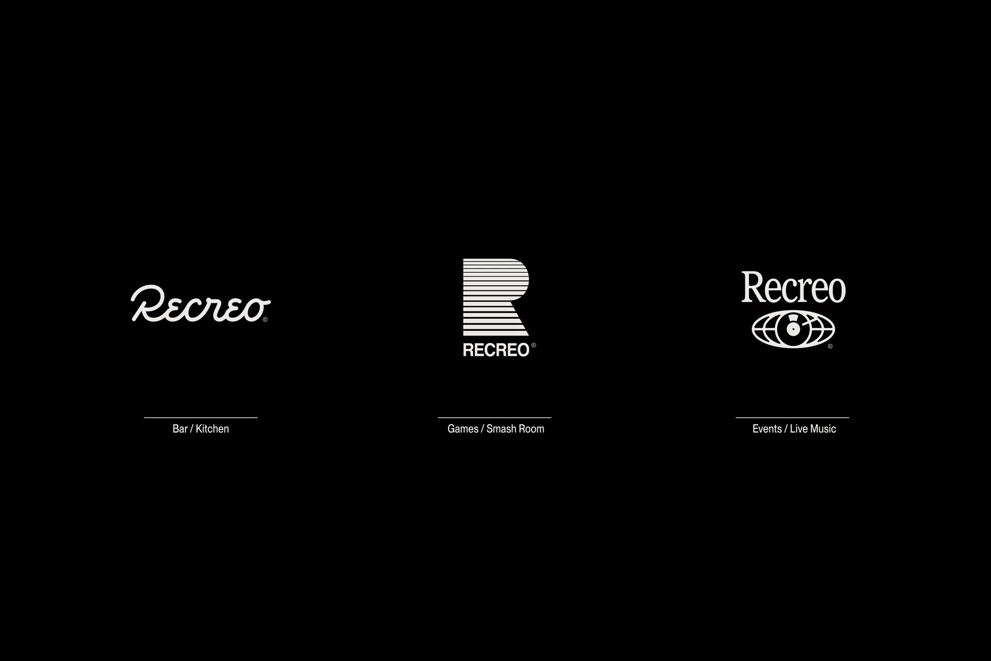 Three 'Recreo' logos in different styles, each representing different aspects: bar/kitchen, games/smash room, and events/live music.