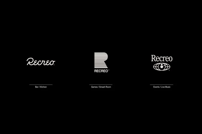 Three 'Recreo' logos in different styles, each representing different aspects: bar/kitchen, games/smash room, and events/live music.