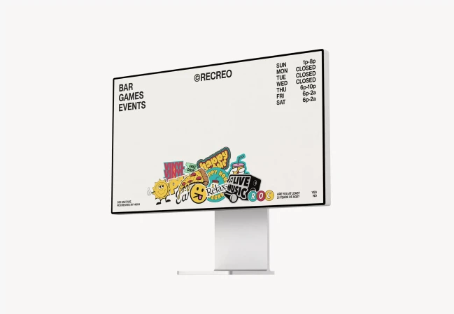 Digital advertisement featuring bar games and events, pizza slice, cup of soda, 'relax' and 'live music' stickers on a white background.