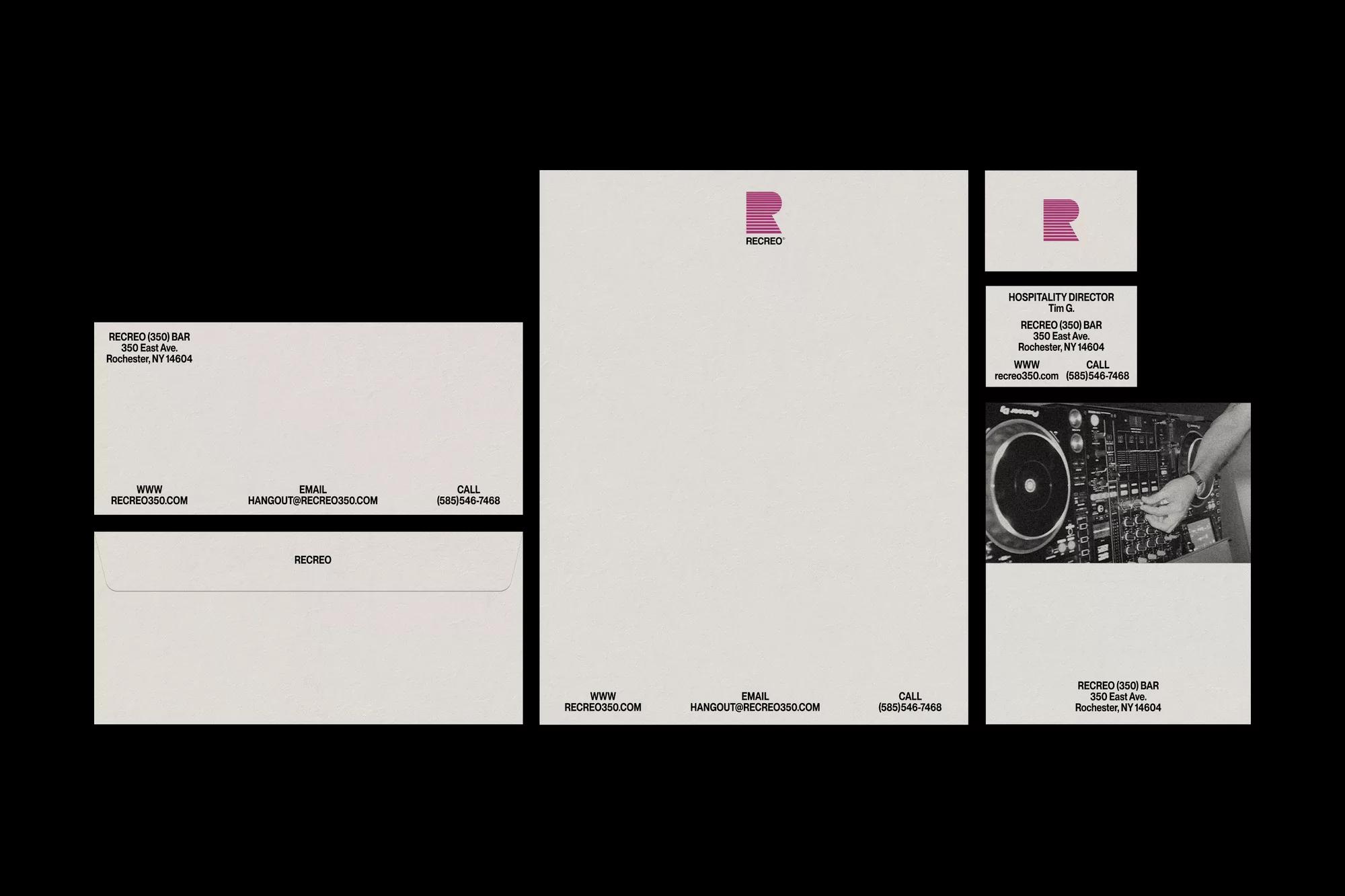 Branding materials featuring stationery, business card, and DJ equipment, all displaying a logo, presented on a black backdrop.