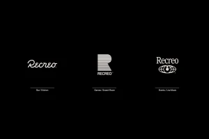 Three white Recreo brand logo variations with descriptive text underneath against a solid black background.
