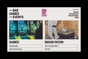 Website interface design for Recreo brand identity featuring bar games and smash room sections with clean typography.