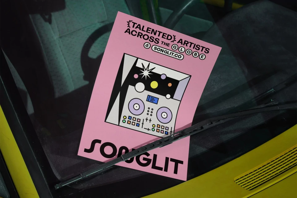 Promotional image of a flyer with a graphic design of a music console, showcasing the text 'Talented Artists Across the Globe'.