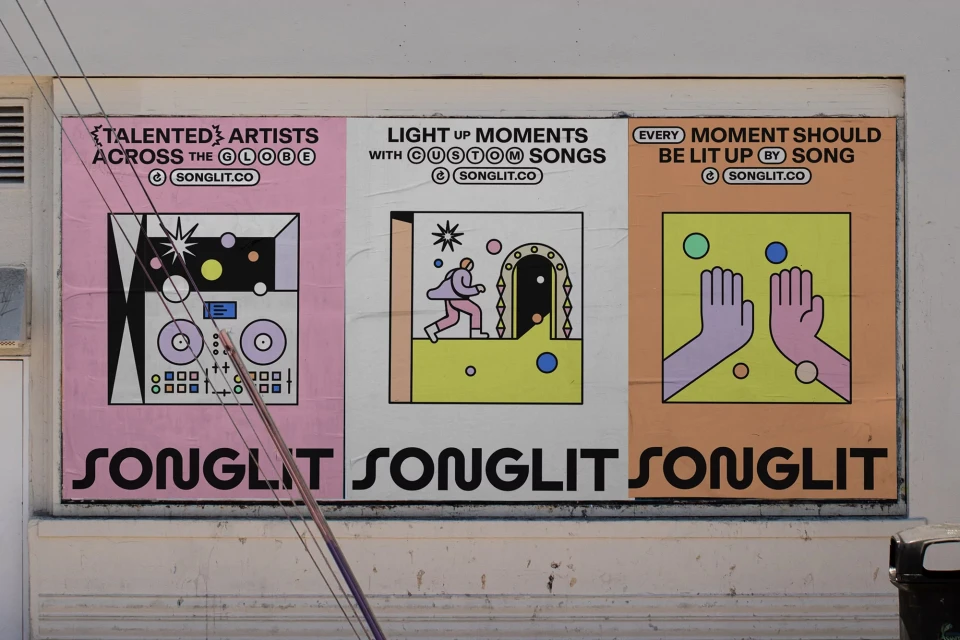 Three colorful Songlit posters on a wall, each featuring playful illustrations and promoting the music platform with the brand name.