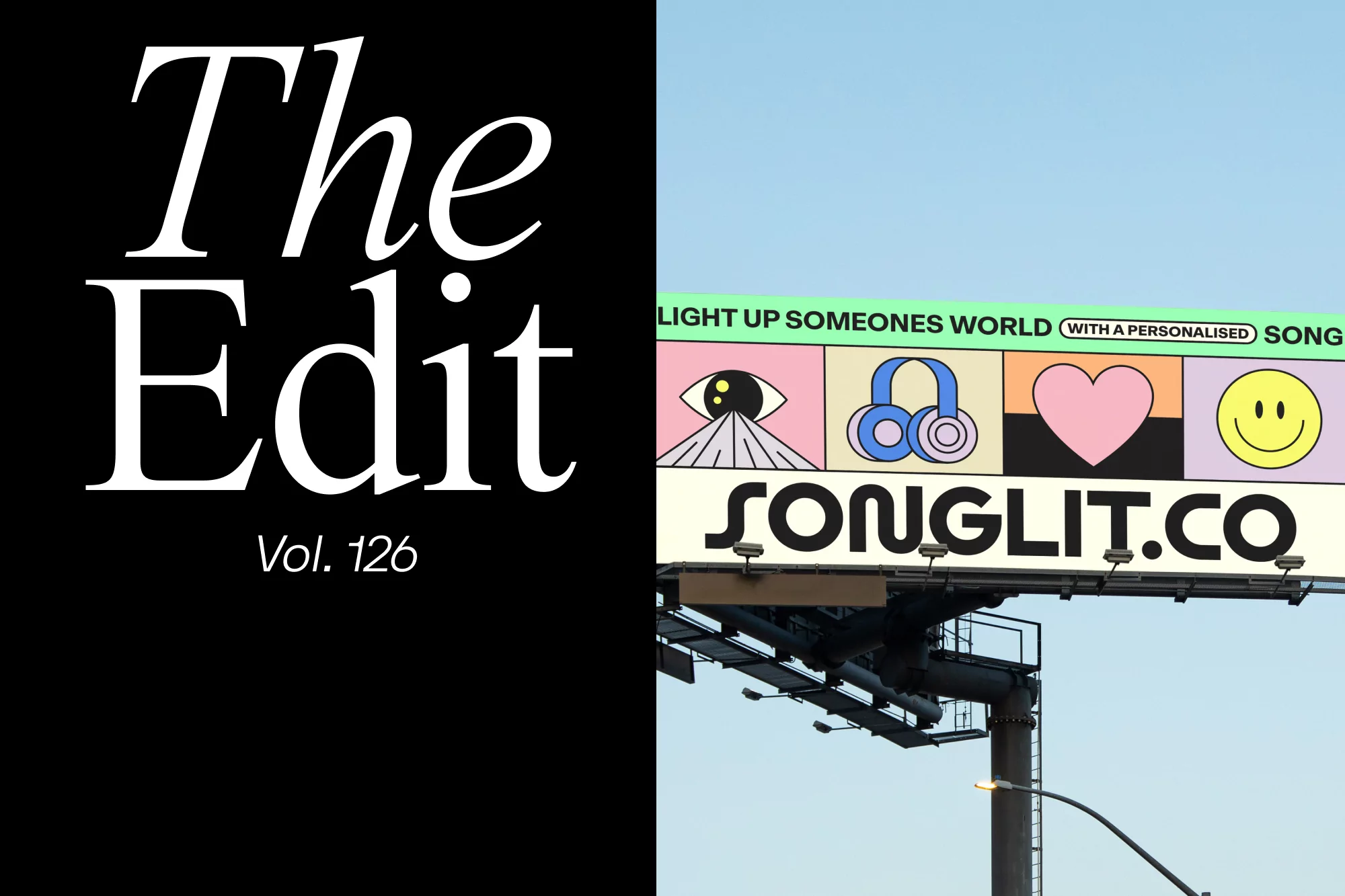 Billboard ad for Songlit featuring graphic icons of an eye, headphones, a heart, and a smiley face against a clear blue sky.