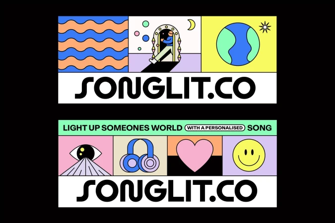 Colorful graphic design with geometric shapes, figures, and text "SONGLIT.CO" on a black background, evoking a modern, playful aesthetic.