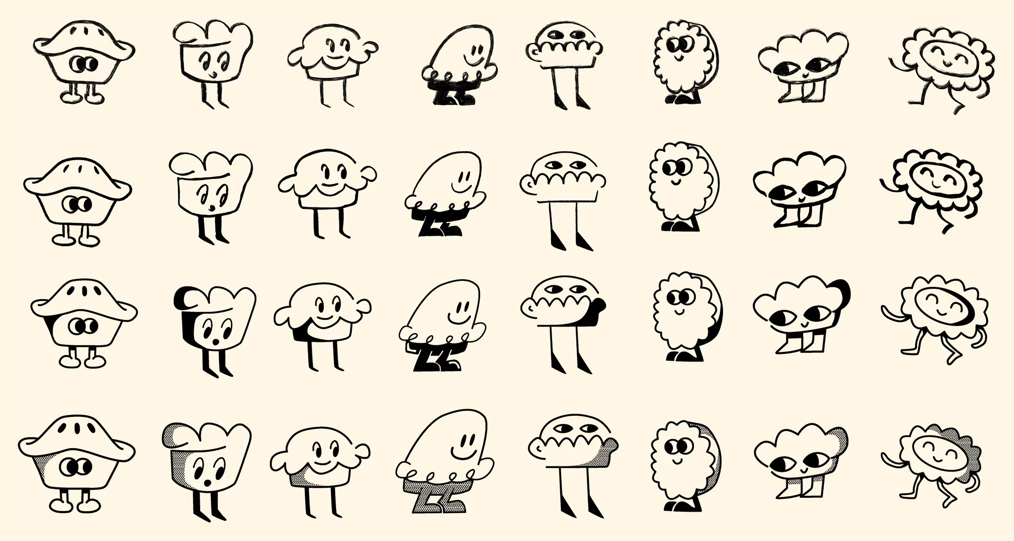 Whimsical cartoon characters in rows, black outlines on cream, each with unique shapes, expressions, and quirky legs. Animation style.
