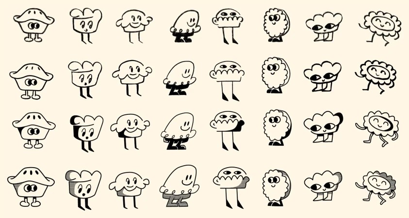 Whimsical cartoon characters in rows, black outlines on cream, each with unique shapes, expressions, and quirky legs. Animation style.