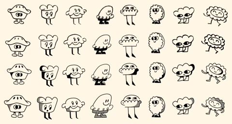 Grid of playful black and white cartoon pie characters with expressive faces and legs against a cream background.