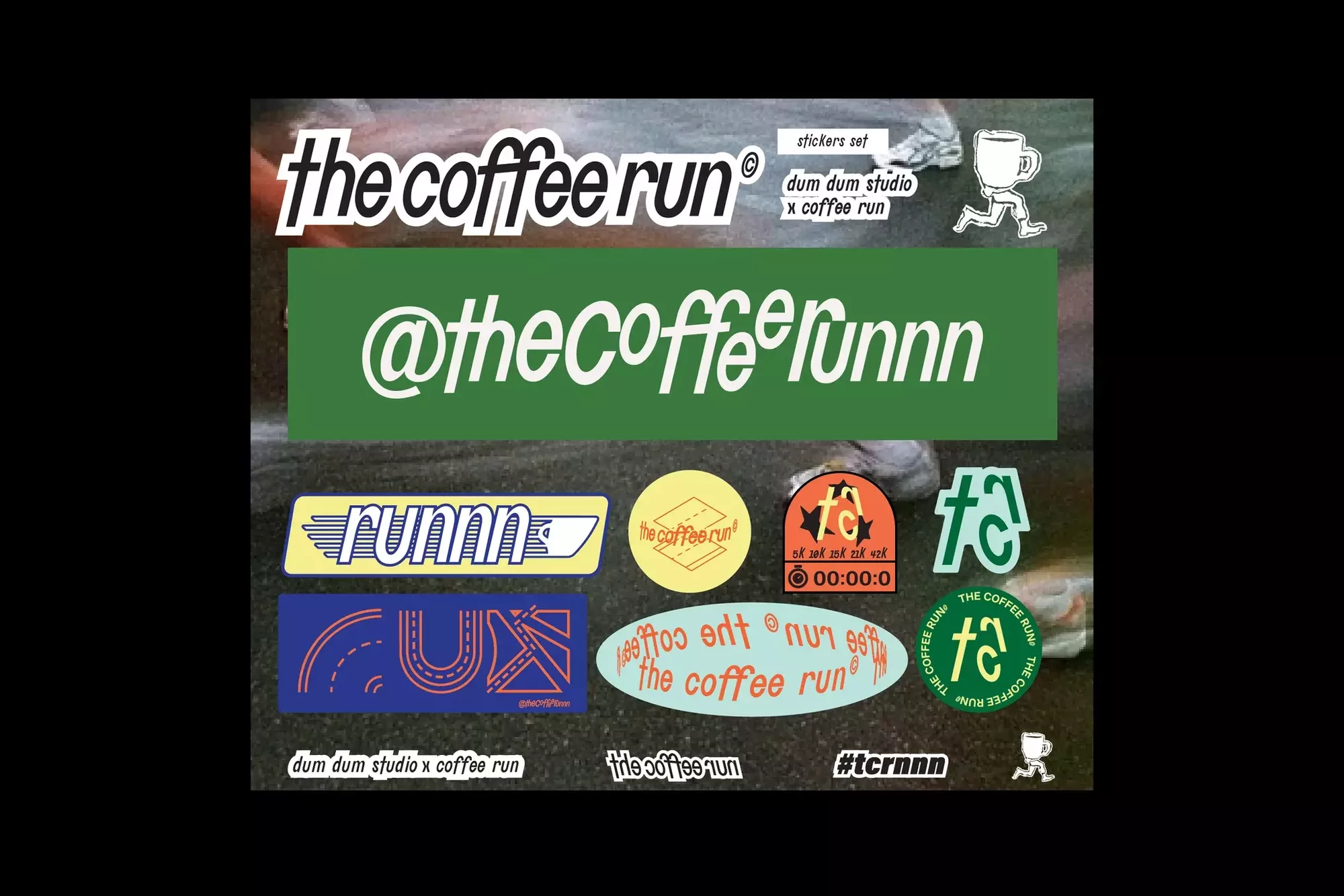 Sticker collection featuring the text "the coffee run" and various graphic designs, laid out on a dark, textured surface.